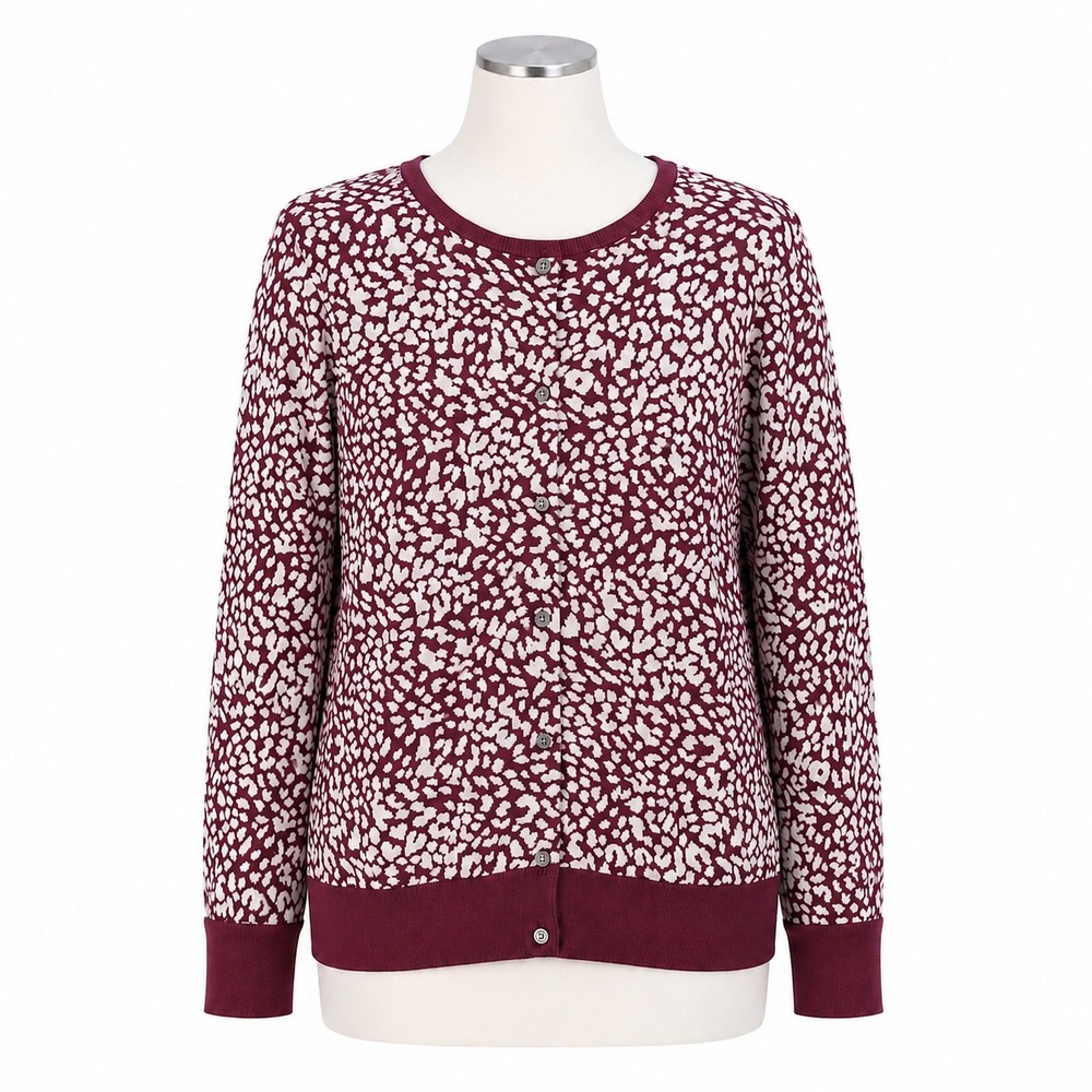 Lands End Animal Print Button Cardigan XL Petite Supima Cotton Maroon Sweater